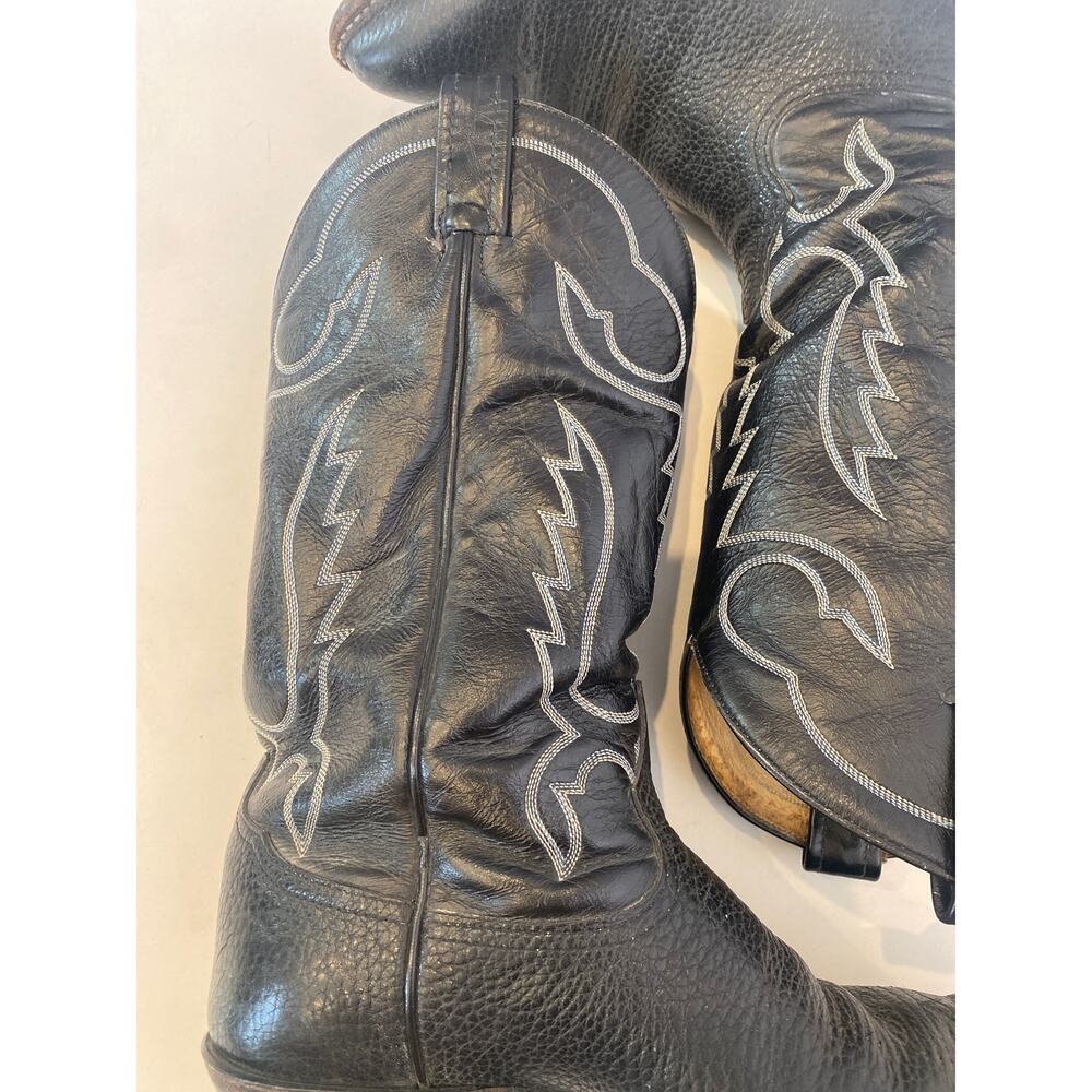 Tony Lama Black w/ White Stitched Cowboy Boots EUC Sz 9 Men’s Leather - Picture 2 of 13